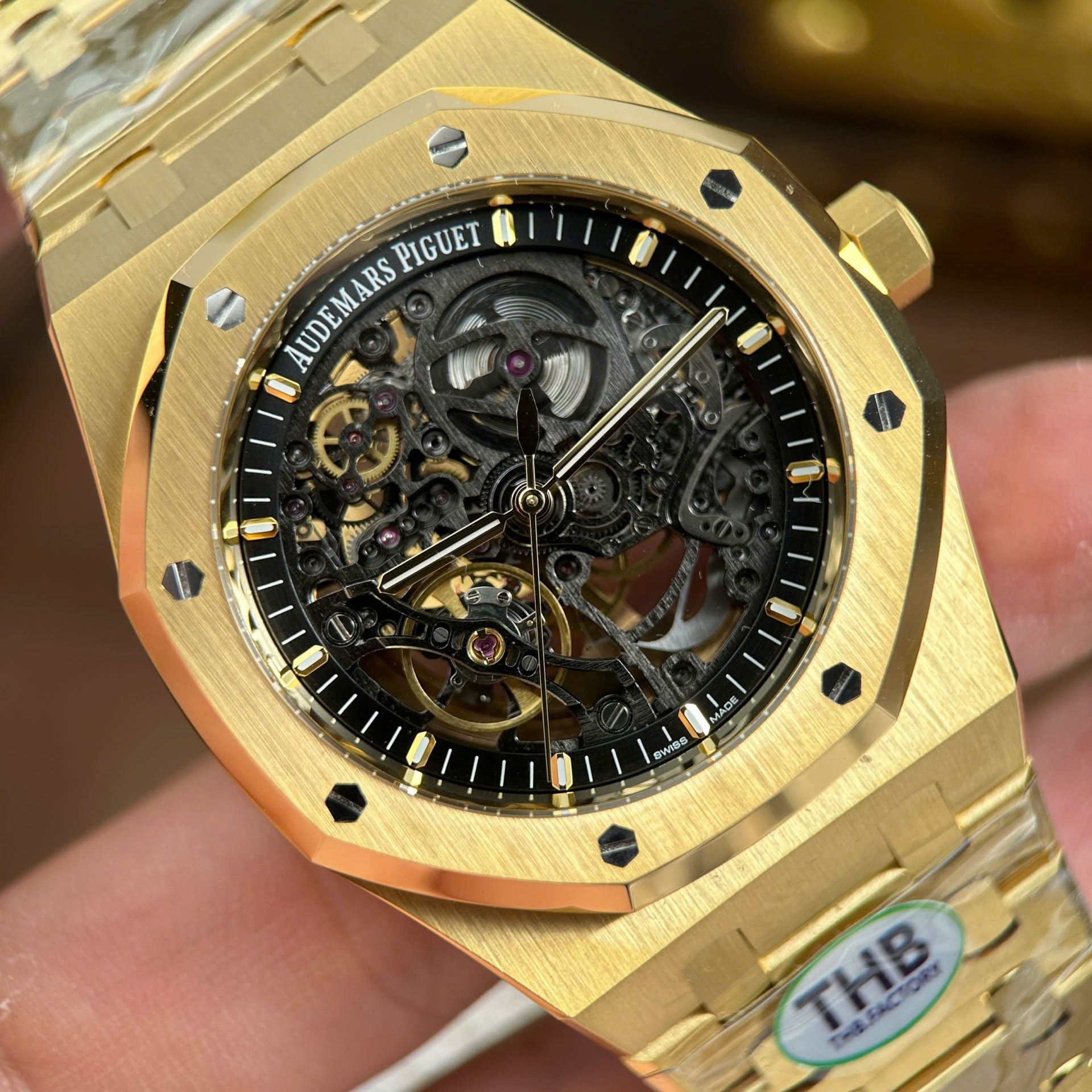 Replica Audemars Piguet Royal Oak Openworked 15407 Yellow Skeleton Dial