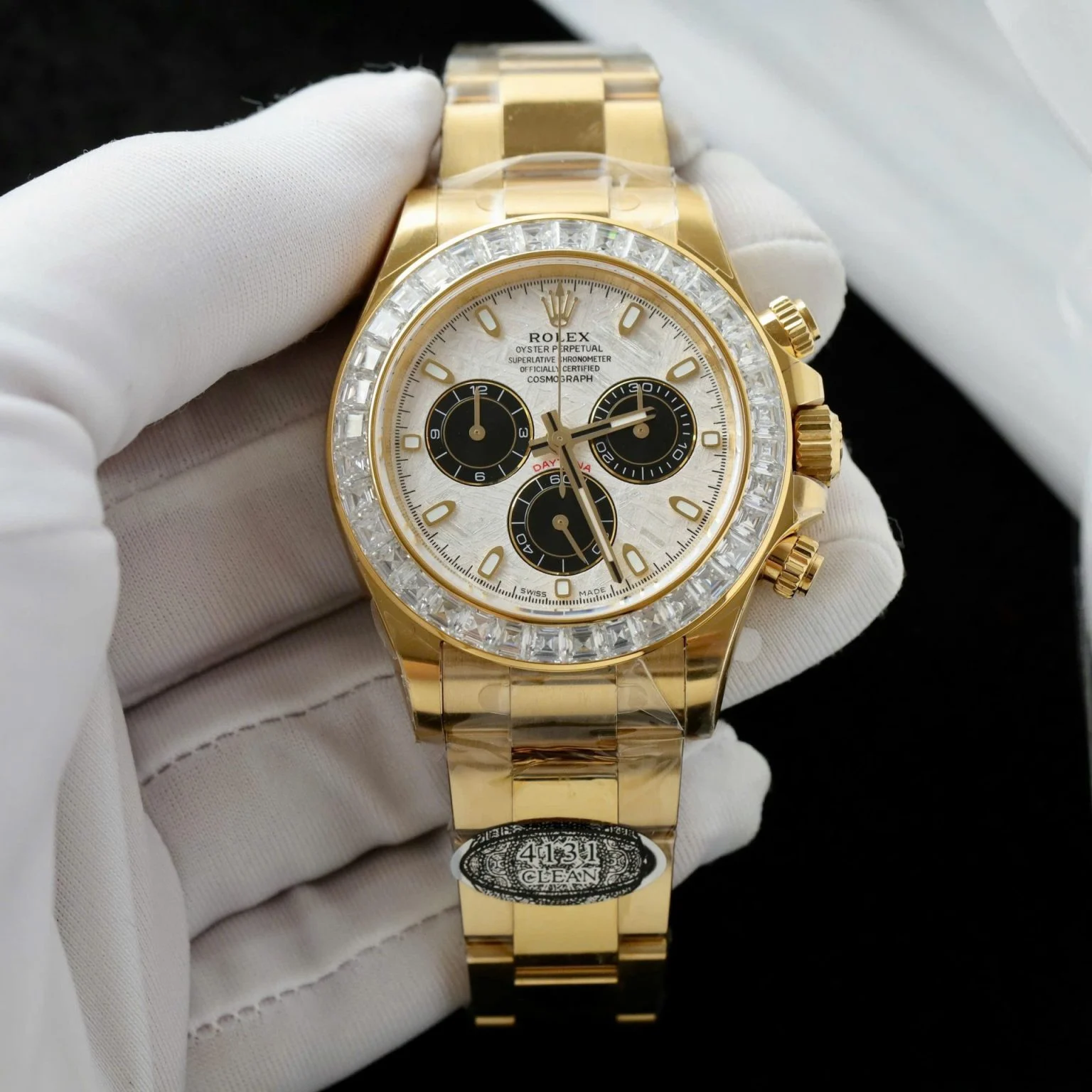 Replica Rolex Cosmograph Daytona Meteorite Dial Gold Moissanite Baguette 40mm
