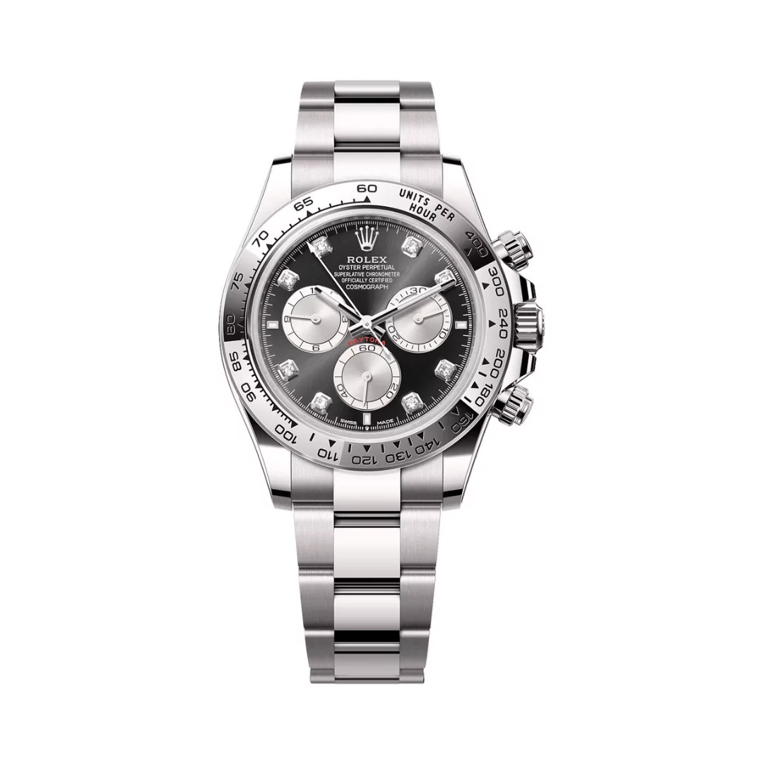 Replica Rolex Cosmograph Daytona White Gold Black Dial Diamond Markers 40mm