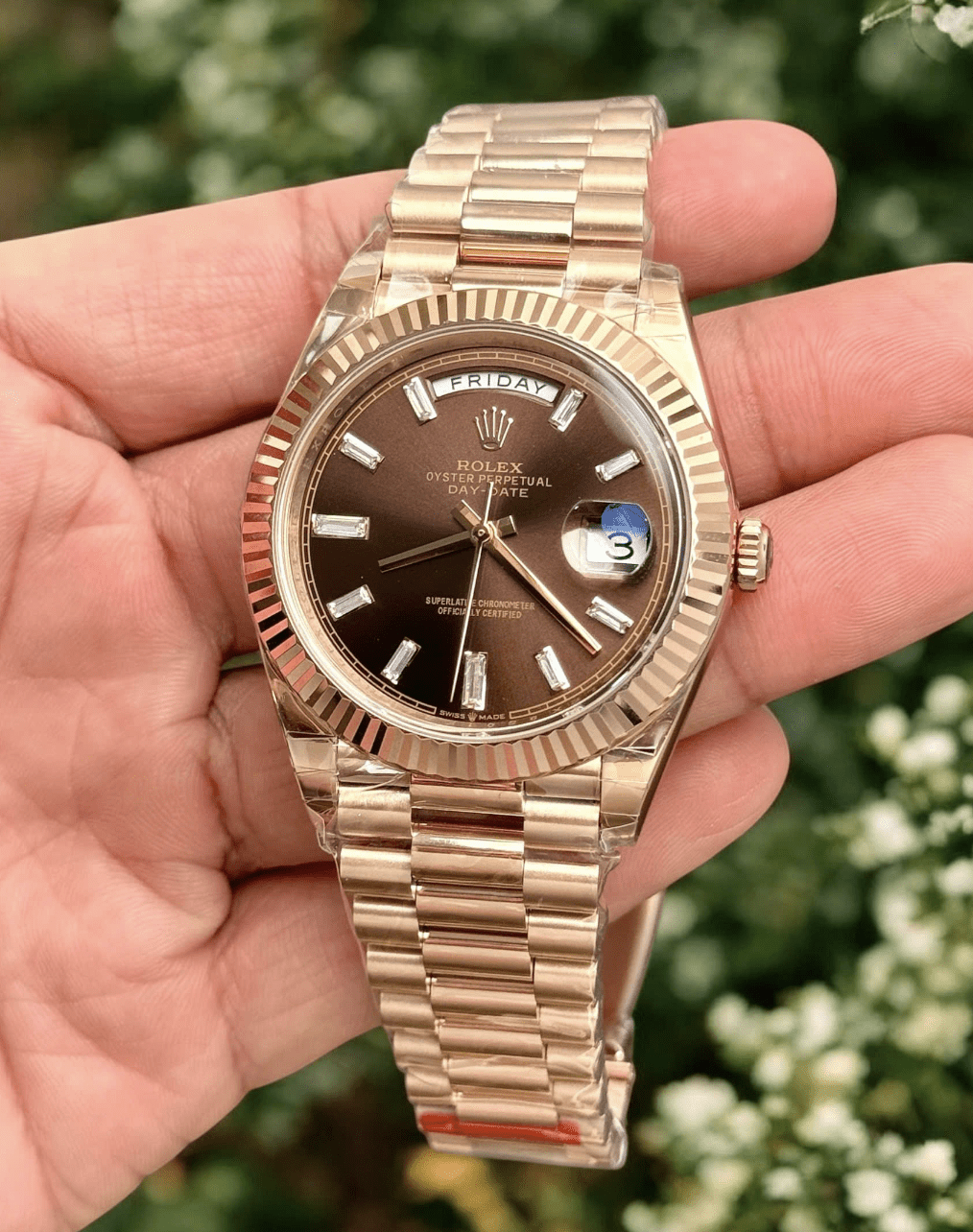 Swiss Clone Replica Rolex DayDate Rose Gold Chocolate Dial