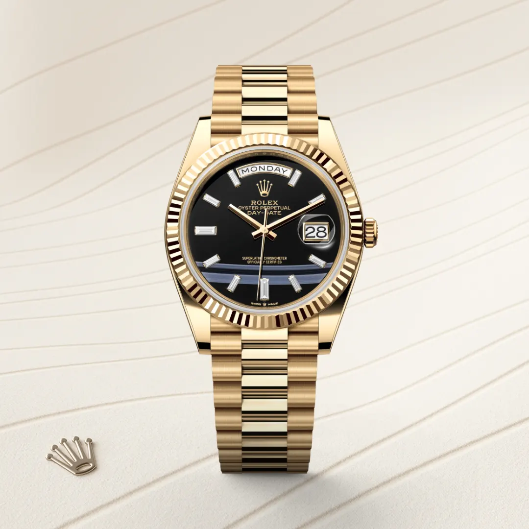 Replica Rolex Day-Date 40 Yellow Gold Black Crystal Dial