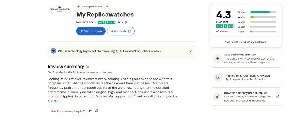 My Replicawatches Trustpilot profile — 4.3 Excellent from 65 reviews